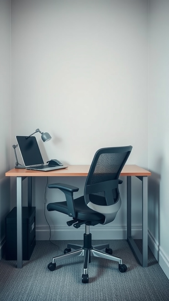 A small home office setup featuring an ergonomic chair and a desk with a laptop and lamp.