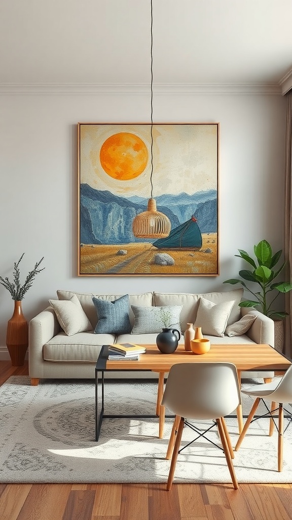 Cozy living and dining room with artwork above the sofa and plants in the corner