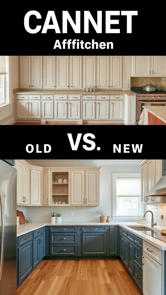 Comparison of old versus new kitchen cabinets, showcasing a transformation in style and color.