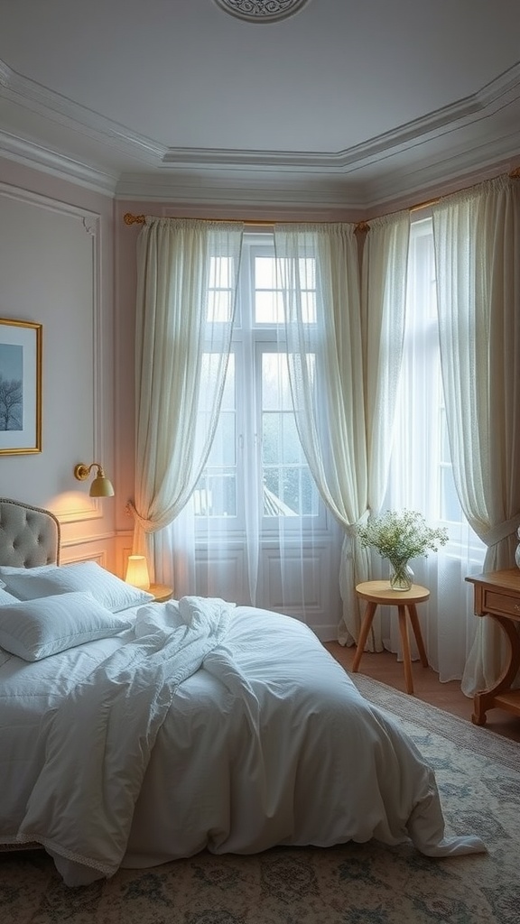 A cozy bedroom featuring soft blue-gray walls, large windows with sheer curtains, and elegant bedding, creating a romantic atmosphere.