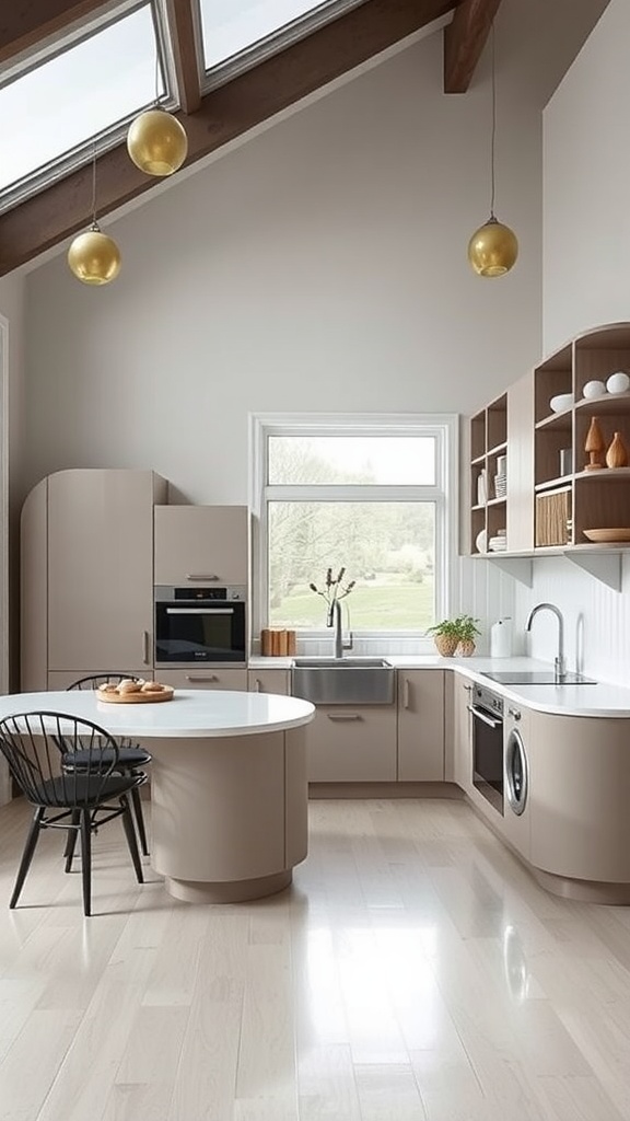 A modern U-shaped kitchen featuring a rounded island, beige cabinetry, open shelving, and golden pendant lights.