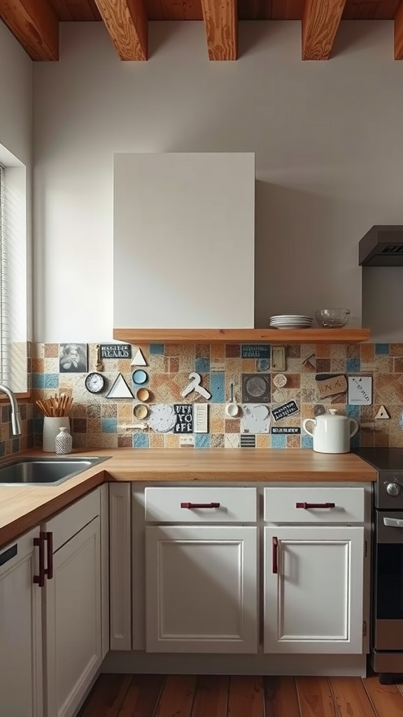 A kitchen with a colorful alternative backsplash featuring a mix of shapes and designs.