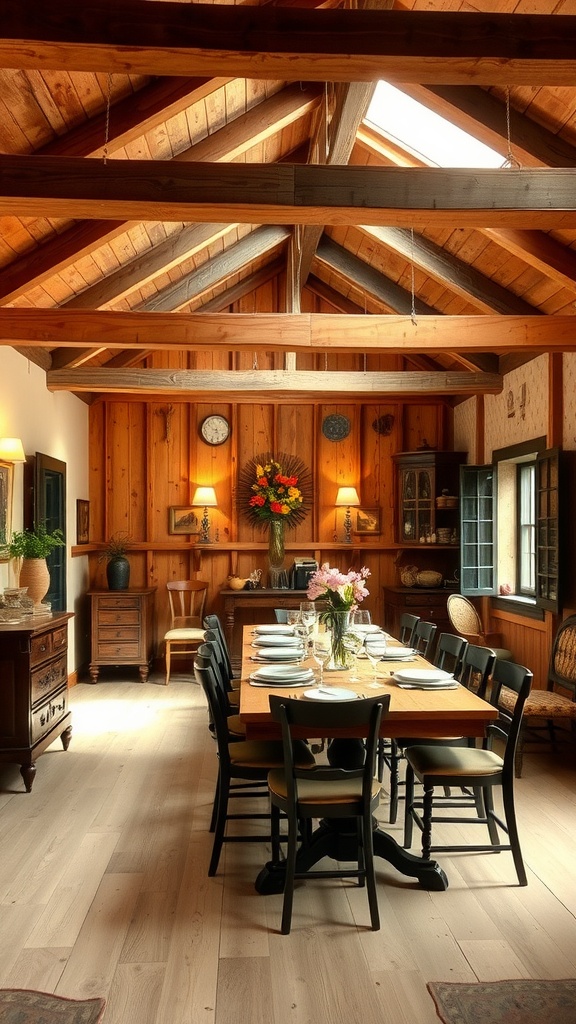 A cozy farmhouse dining room with exposed beams, a wooden table set for dinner, and warm wooden accents.