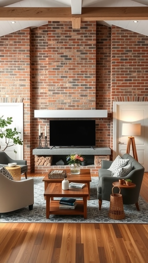 Cozy living room featuring exposed brick walls with wooden beams, a fireplace, and comfortable furniture.