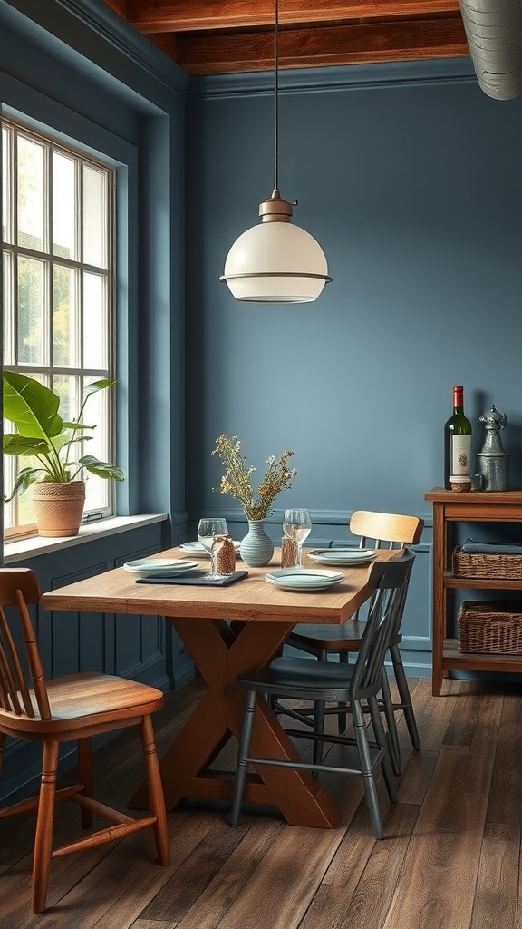 A cozy dining area with faded denim blue-gray walls, a rustic wooden table, and mixed seating, illuminated by natural light.