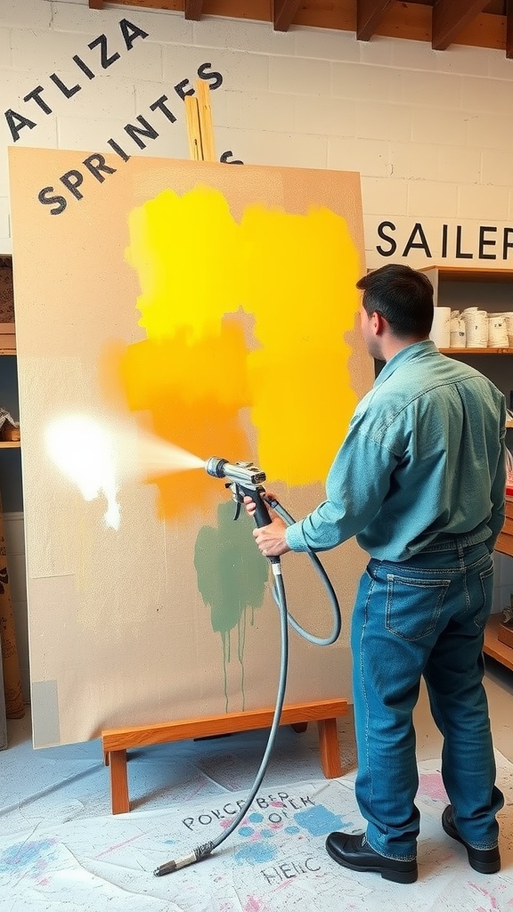 A person demonstrating the use of a paint sprayer on a canvas.