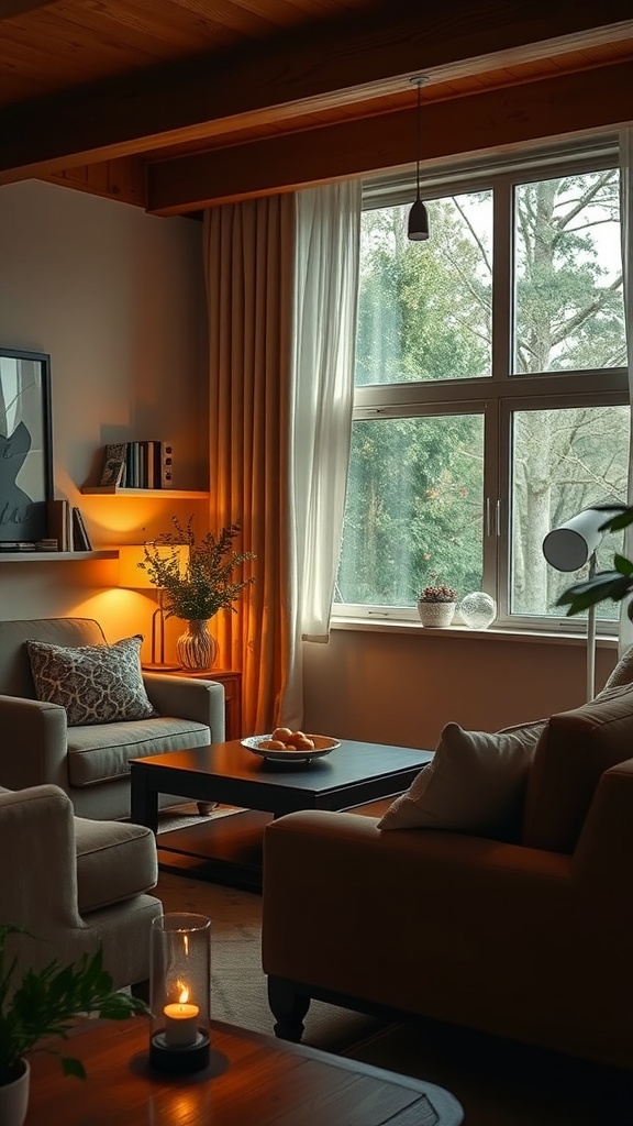 Cozy living room with soft lighting and large windows