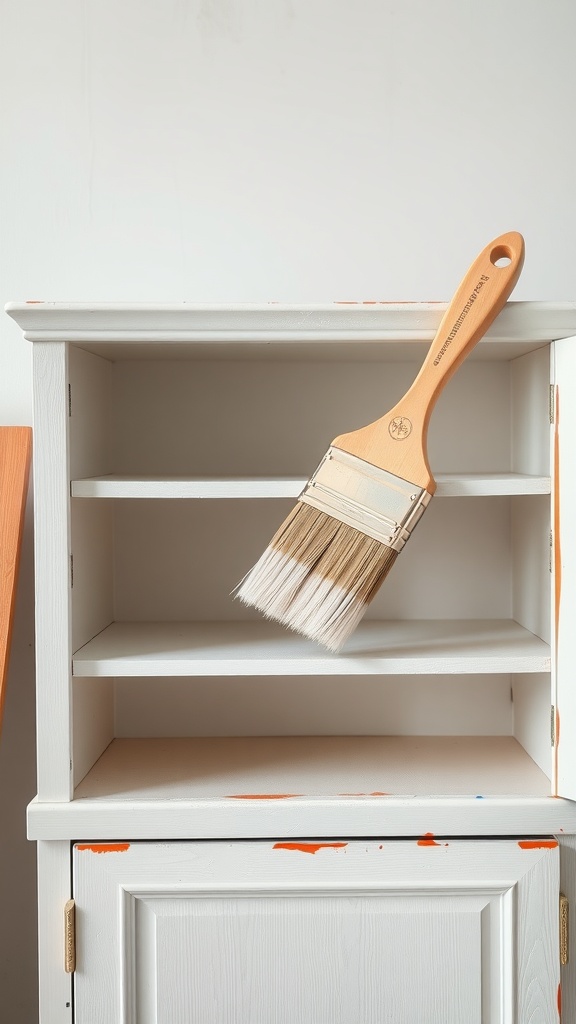 A paintbrush resting on a white cabinet shelf with fresh paint visible