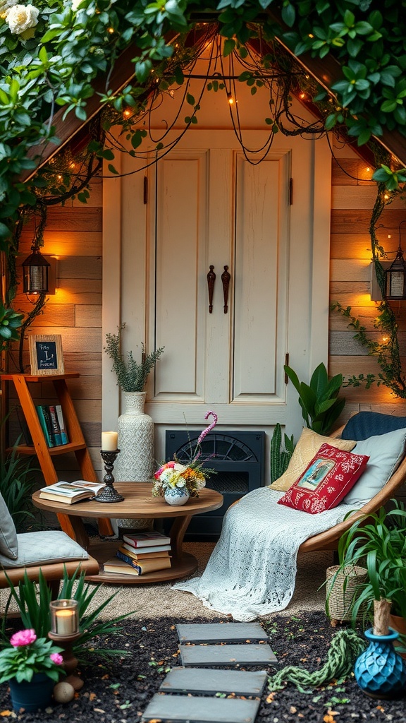 A cozy reading nook surrounded by plants and fairy lights, with a chair, table, and bookshelf.