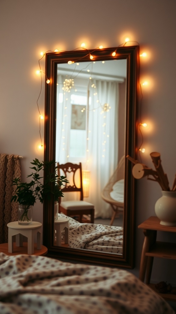 A cozy bedroom with fairy lights around a mirror, creating a warm and inviting atmosphere.