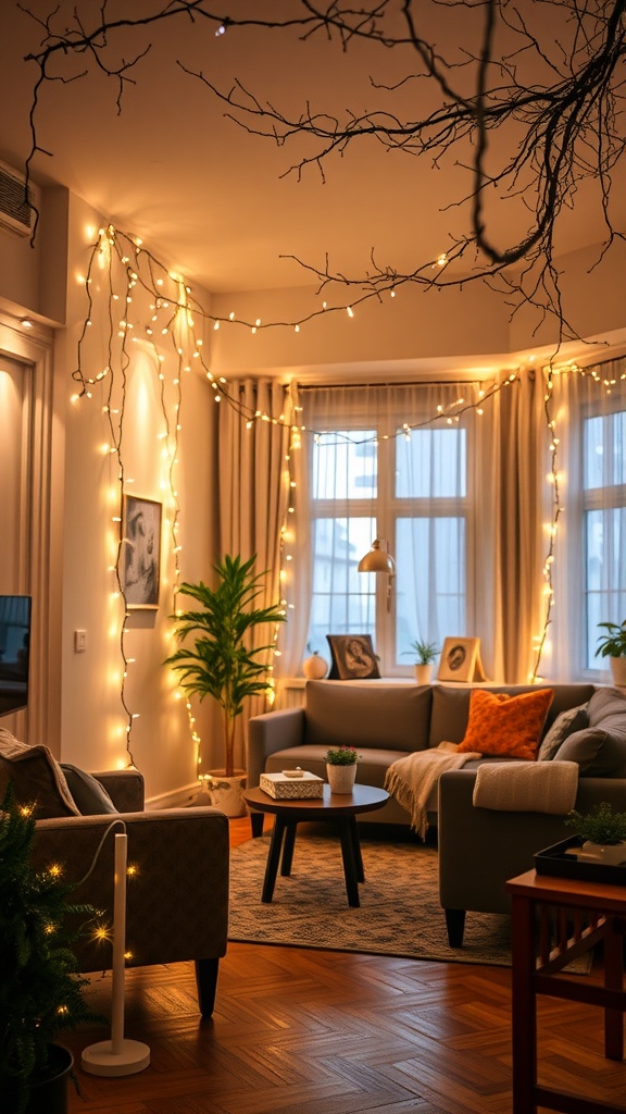 A living room adorned with warm fairy lights, creating a cozy and whimsical atmosphere.