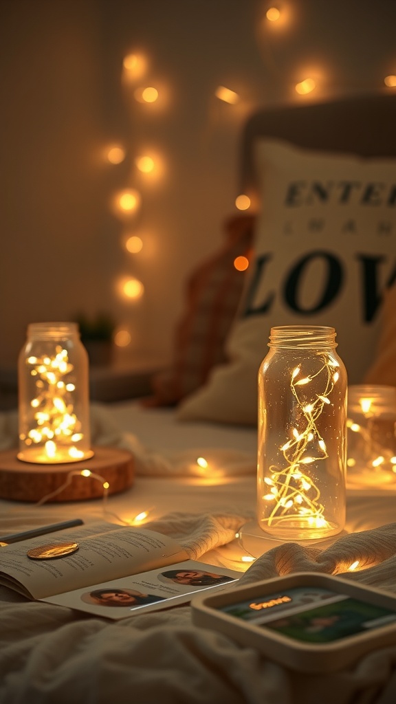 Fairy lights inside glass jars with a cozy bedroom setting