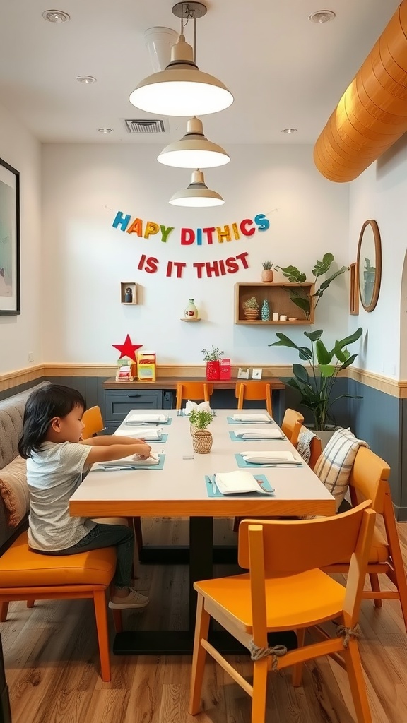 A family-friendly dining room featuring colorful chairs, playful decor, and a child at the table.