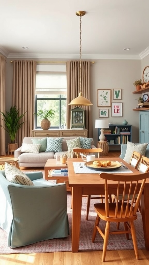 Cozy living room dining room combo with soft colors, comfortable furniture, and a welcoming atmosphere