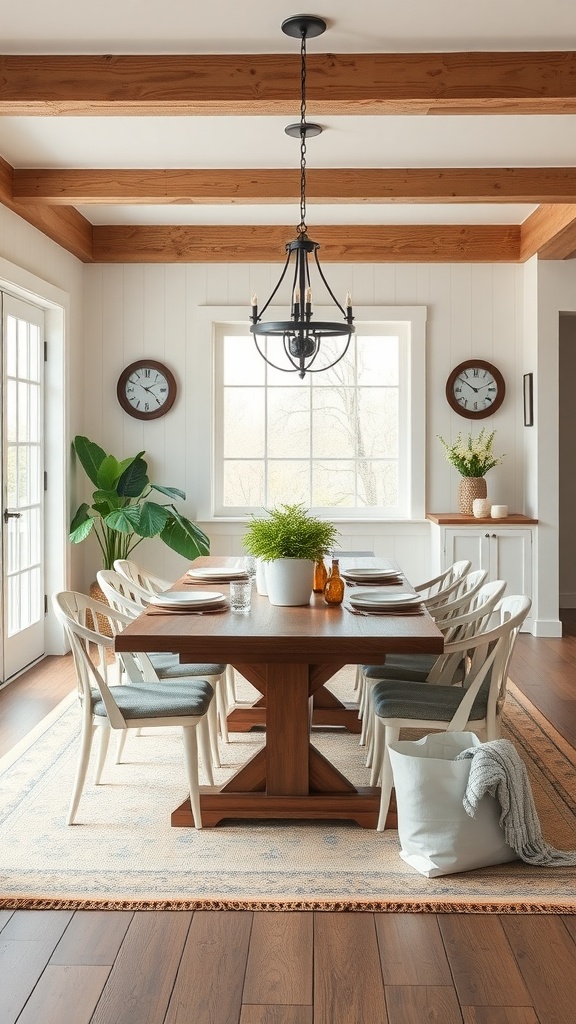 A spacious family-friendly dining room featuring a large wooden table, cushioned chairs, and natural light.