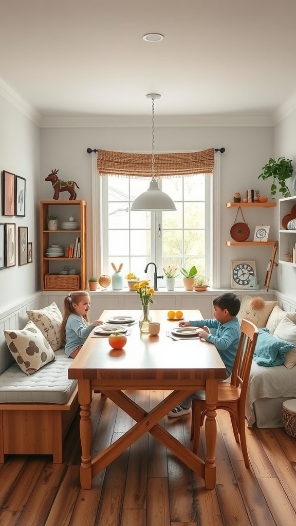 A cozy kitchen nook featuring two kids at a wooden table with fruit and cheerful decorations.