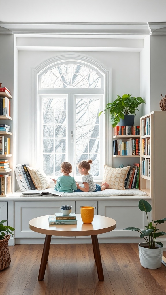 A cozy family library with children sitting on a window seat, surrounded by bookshelves and a round table.