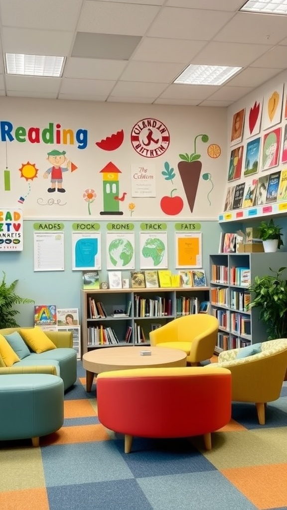 A colorful family-friendly reading room with comfortable seating and cheerful decorations.