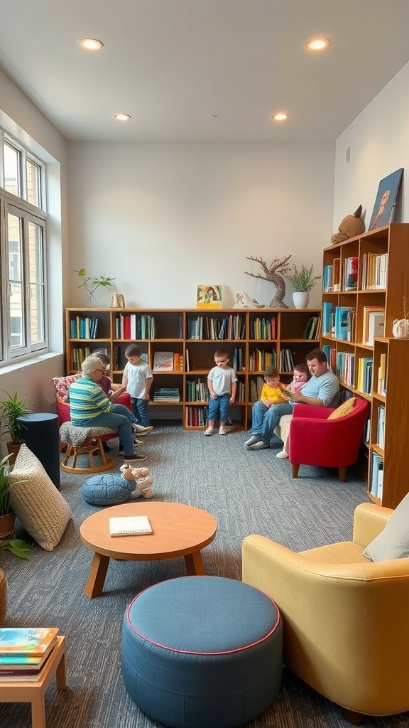 A family-friendly reading nook with children and adults gathered around bookshelves, featuring colorful seating and a bright atmosphere.