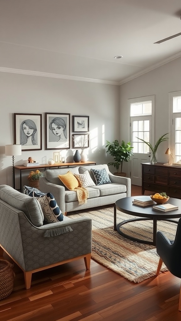 A cozy living room with a gray sofa, colorful cushions, and a woven rug.