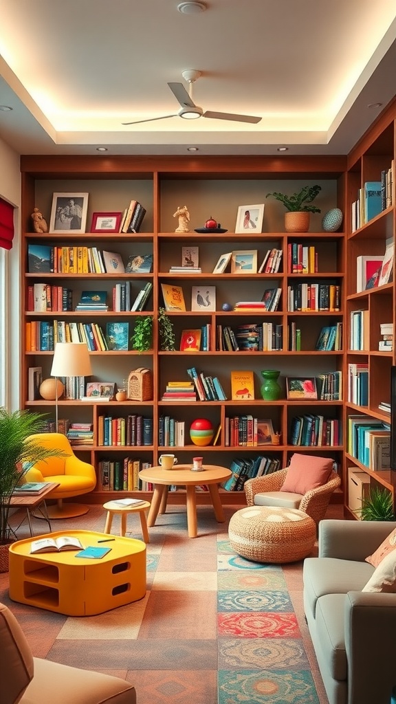 A cozy family library with colorful bookshelves, comfortable seating, and a play area for kids.