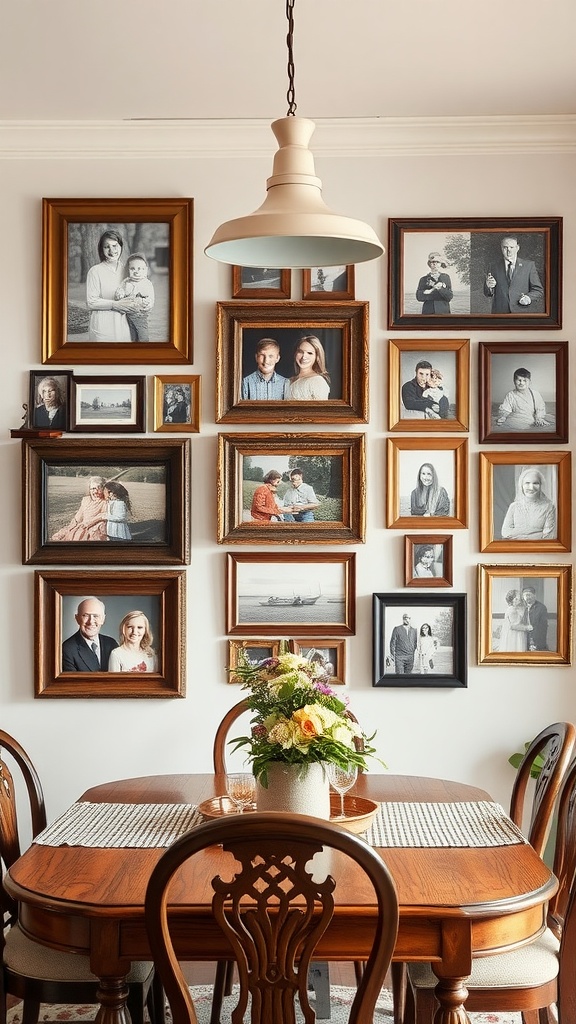 A family photo wall in a farmhouse dining room with various framed pictures and a wooden dining table.