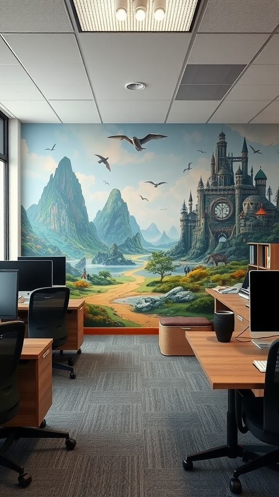 An office with a fantasy-themed mural depicting a magical landscape with mountains, a river, and a castle.