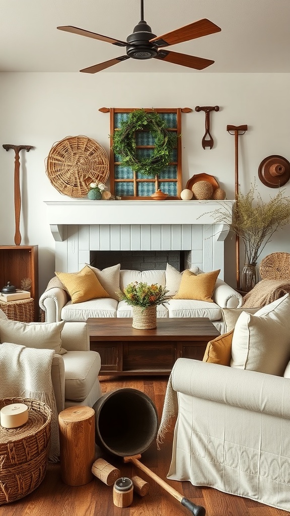 Rustic farmhouse living room with beige sofas, yellow pillows, and farm-inspired decor accents