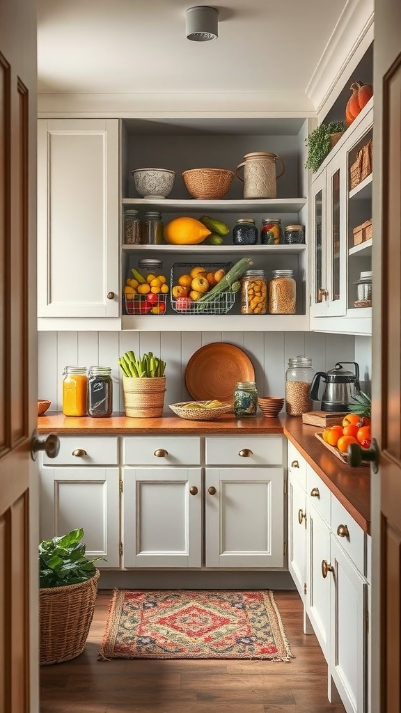 Farm-inspired pantry cabinets with white cabinetry, wooden countertops, colorful fruits, and vegetables.