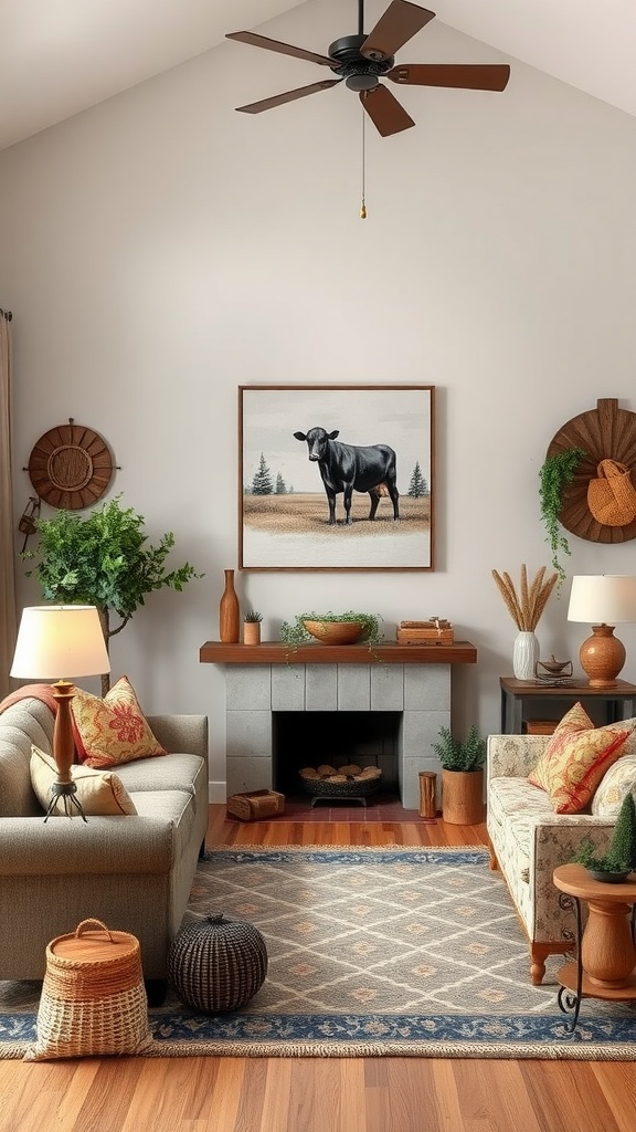 Cozy farmhouse living room featuring a cow painting above a fireplace, with rustic decor elements.