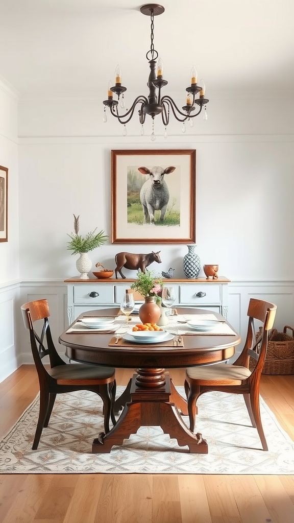 A farmhouse dining room featuring a cow painting above a polished wooden table, surrounded by chairs, with a chandelier overhead.