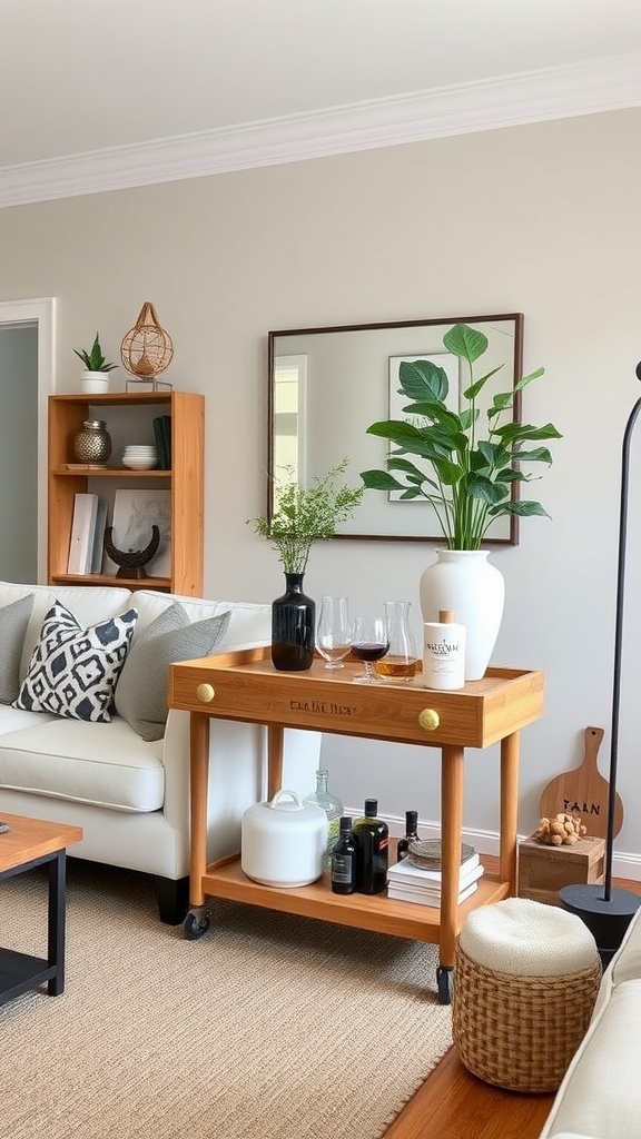 A rustic wooden bar cart in a cozy living room with drinks and plants.