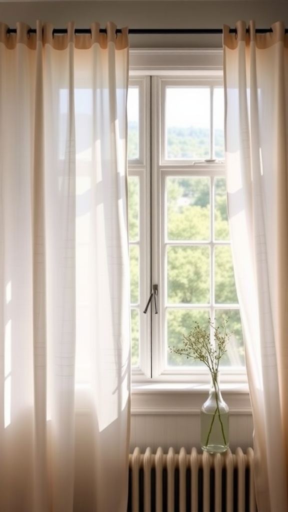 Light-colored curtains framing a window with a view, featuring a simple vase with a plant on the sill.