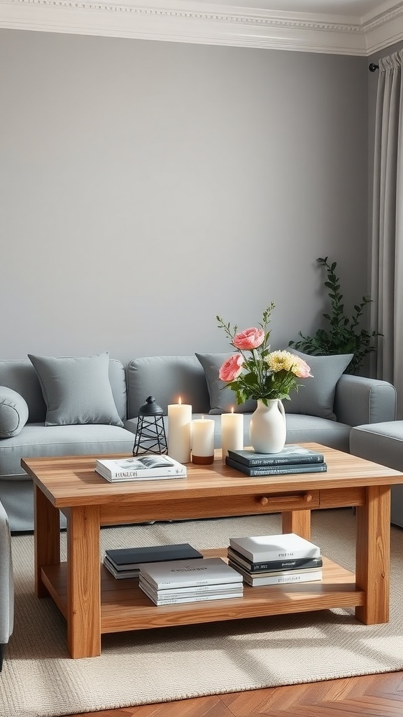 A cozy grey modern farmhouse living room with a wooden coffee table featuring candles, flowers, and stacked books.