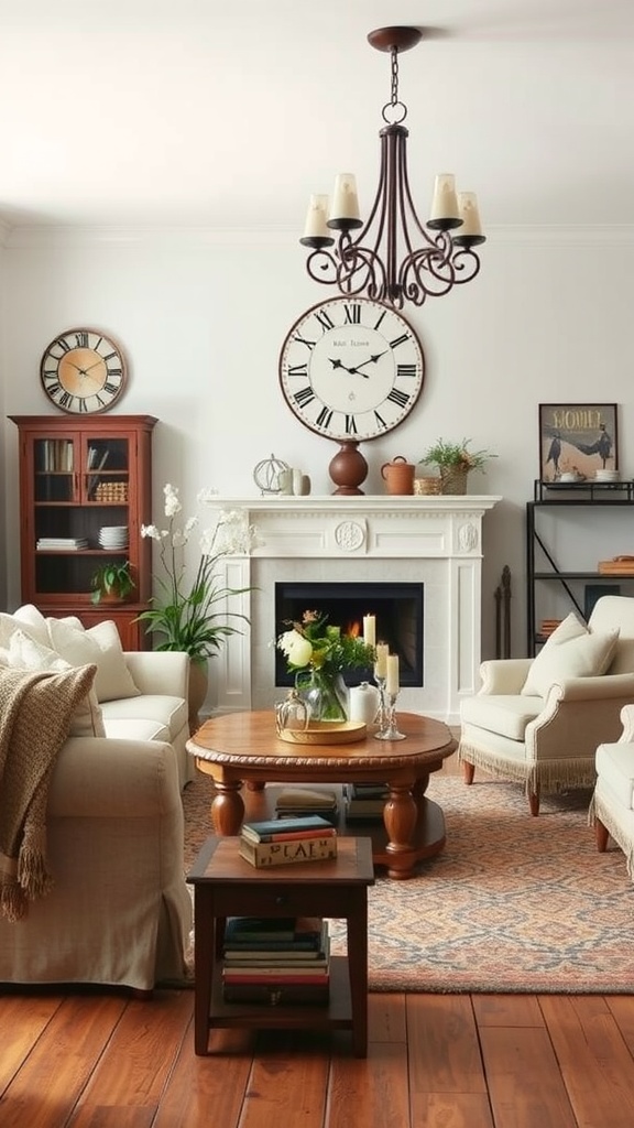 Cozy modern farmhouse living room with vintage accents, featuring a round wooden coffee table, plush sofas, and decorative elements.