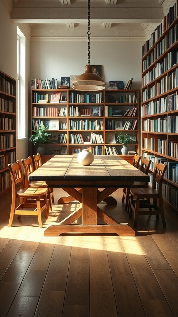 Cozy library with a farmhouse dining table, bookshelves, and natural light.