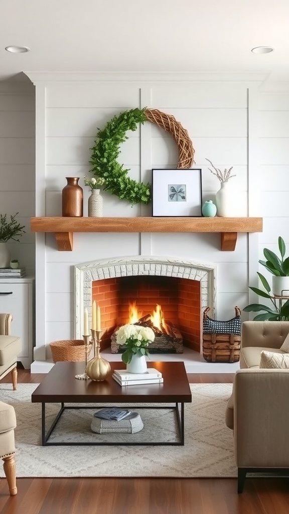 Cozy modern farmhouse living room with a fireplace, stylish decor, and comfortable seating.