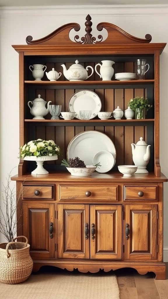 A wooden farmhouse hutch showcasing dishware and decorative items in a dining room setting.