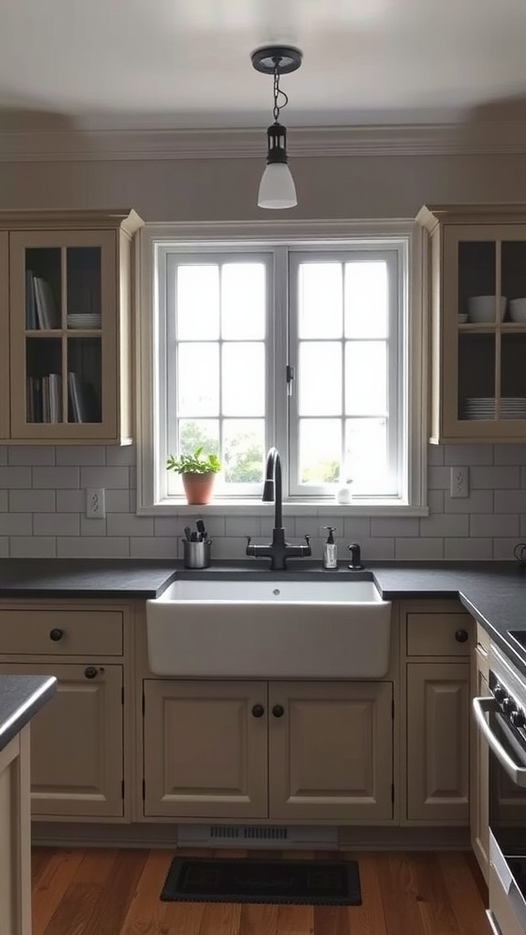 A cozy farmhouse kitchen featuring a white apron sink, beige cabinets, and a small potted plant on the window sill.