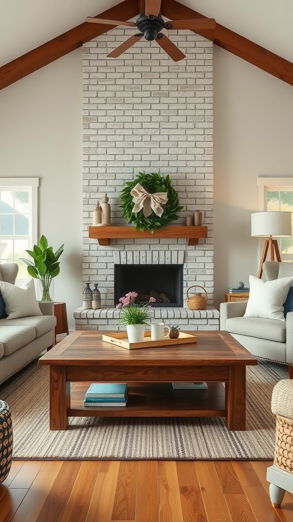 Cozy modern farmhouse living room with a wooden coffee table and neutral-toned sofas.