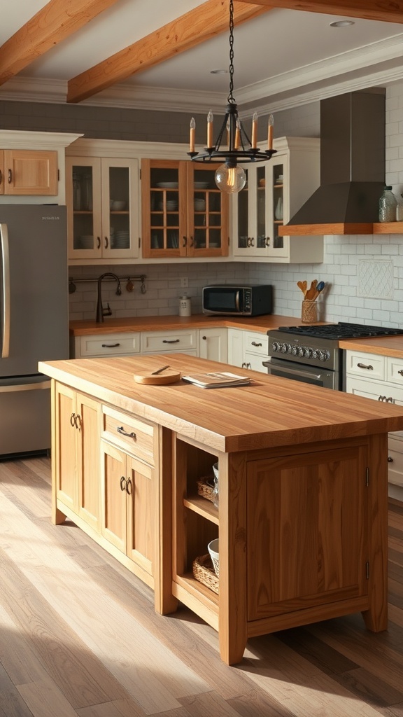 A warm and inviting farmhouse kitchen with a wooden island cabinet and light-colored cabinetry.