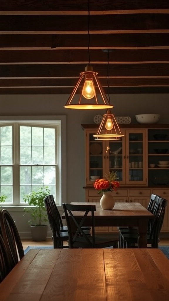 A cozy dining room featuring farmhouse style light fixtures and a wooden table.