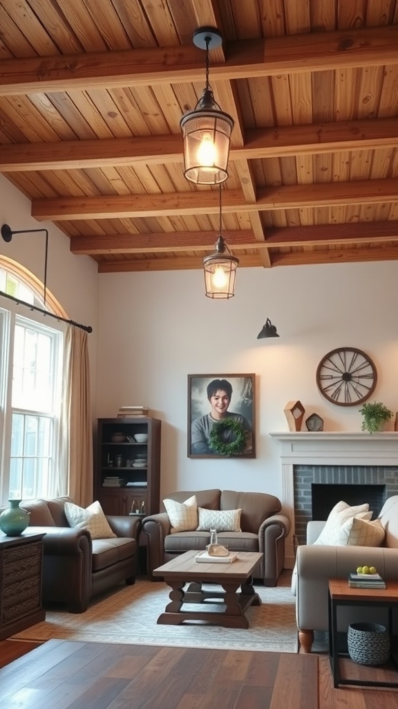A cozy farmhouse living room with wooden beams and stylish light fixtures.