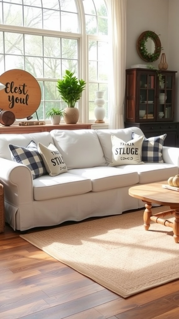 A cozy farmhouse living room with a white slipcovered sofa, decorative pillows, and large windows letting in natural light.