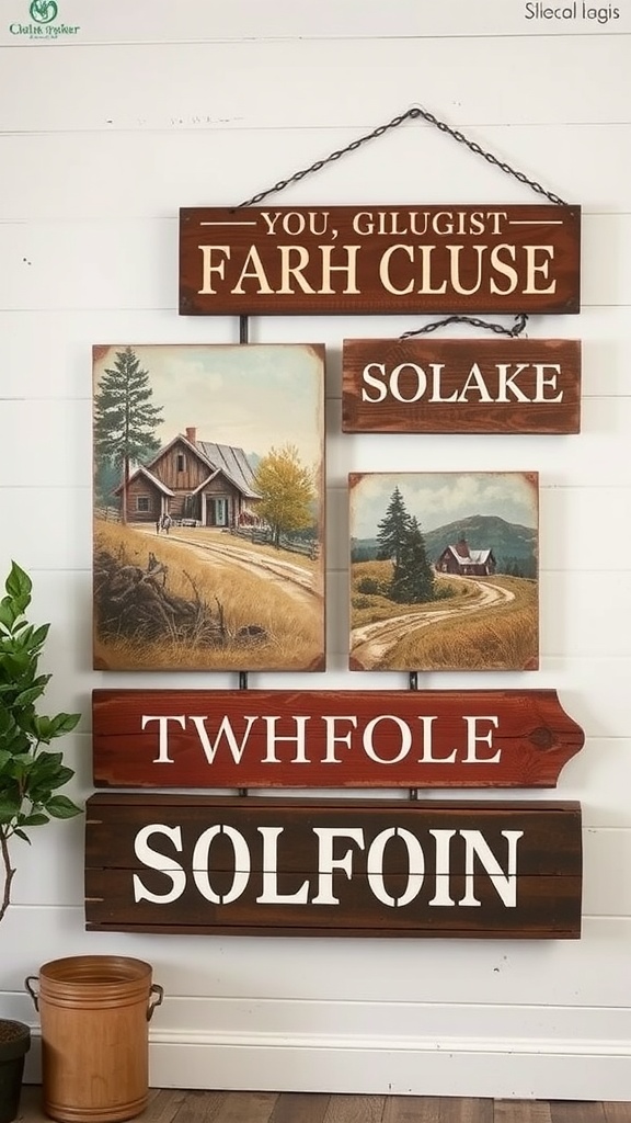 A collection of wooden signs and rural landscape paintings arranged on a wall, showcasing rustic farmhouse style.