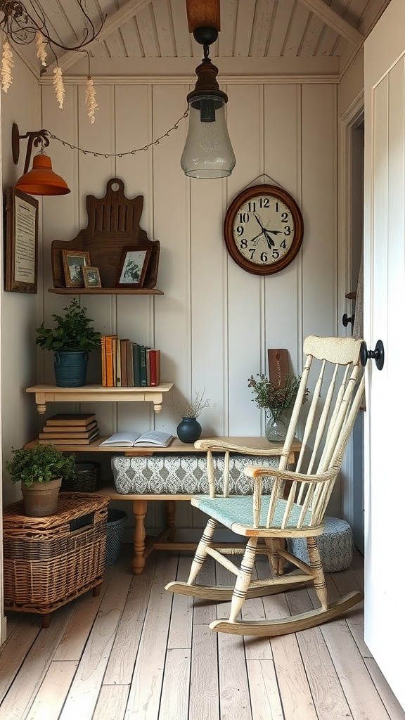Cozy farmhouse style reading nook with a rocking chair, wooden shelves, clock, plants, and warm lighting.
