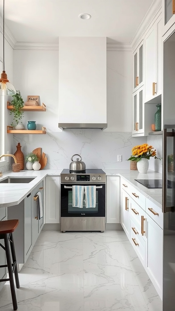 Modern kitchen with marble countertops, white cabinets, and gold hardware.