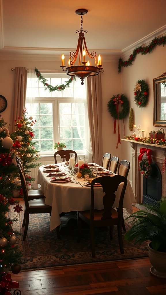 A festive dining room decorated for the holidays, featuring a beautifully set table, a Christmas tree, and garlands.