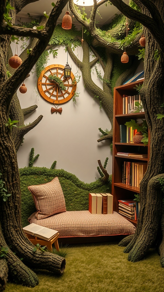 Cozy classroom reading corner designed like a forest retreat with tree-like walls, a comfortable cushion, a small table with a book, and a bookshelf.