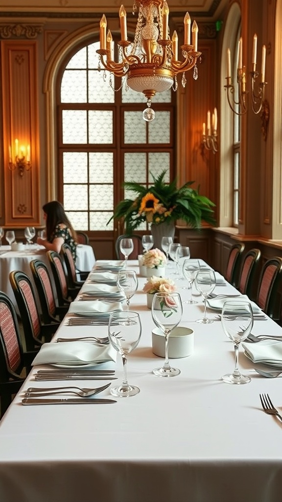 Elegant dining table setting with a white tablecloth, polished cutlery, and delicate flower centerpiece